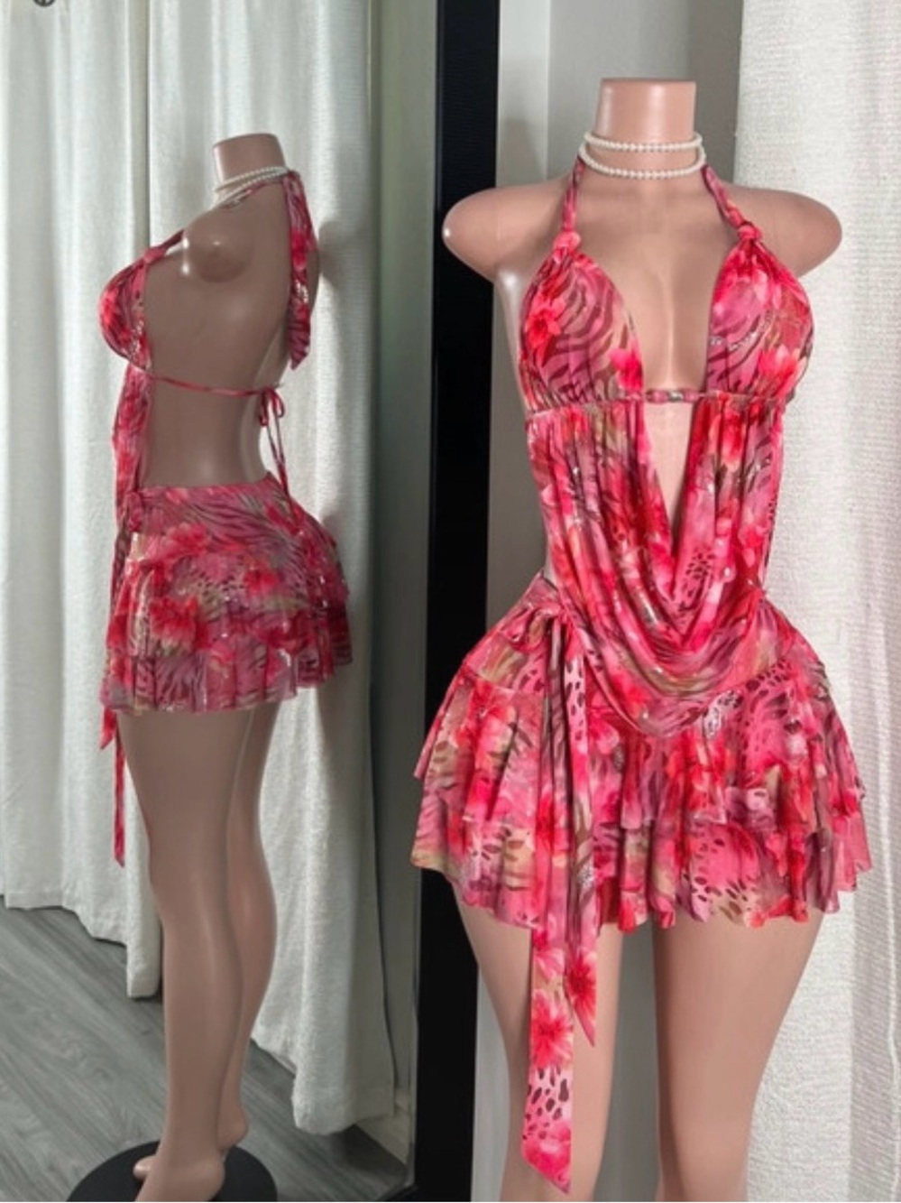 Women’s Pink Floral Halter set and skirt